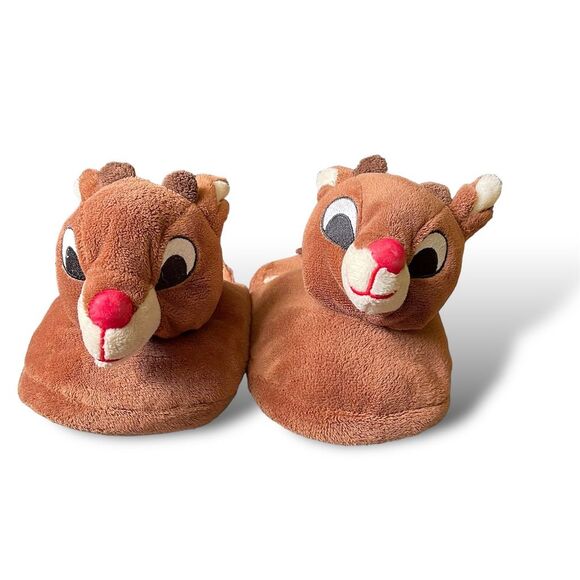 Rudolph the Red-Nosed Reindeer Kids Holiday Slippers Brown Cozy Non-Slip Winter - Picture 2 of 9